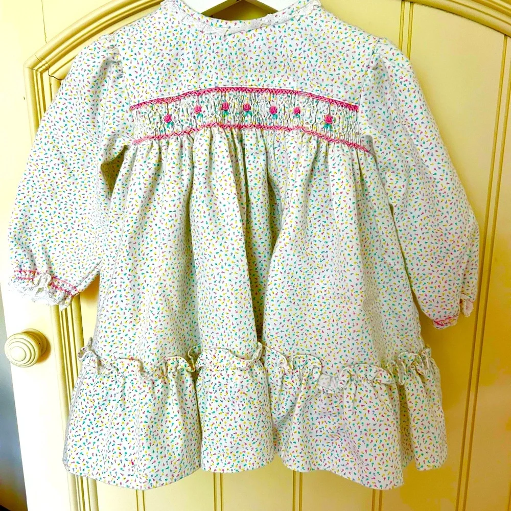 Girls' White Floral Smocked Dress with Pink Accents
